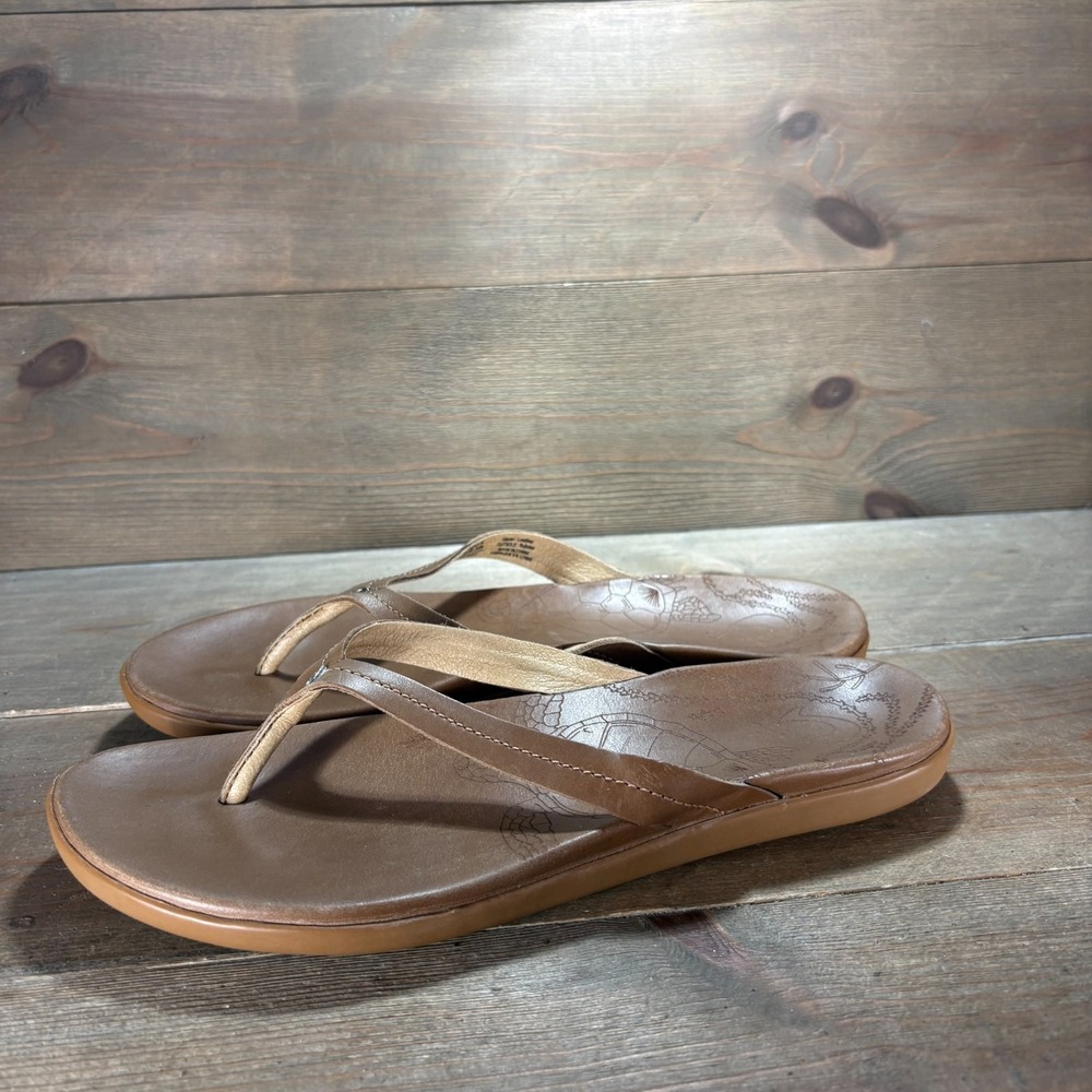 OluKai Honu Womens size 9 shoes Brown Leather Thong Cushioned Footbed sandals